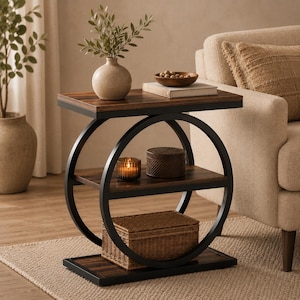 Peut inclure: Une table d'appoint avec une finition en bois foncé et un cadre circulaire en métal noir. La table comprend un plateau rectangulaire, une étagère intermédiaire et une base rectangulaire. L'étagère centrale porte une bougie et une boîte.