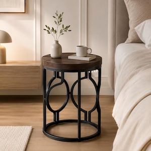 Modern Round Side Table, Walnut Wood End Table with Geometric Black Metal Base, Luxury Bedside Table