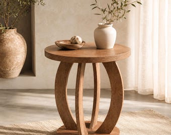 Round Wood Side Table, Sculptural End Table, Modern Rustic Accent Table, Living Room Furniture, Wooden Pedestal Table