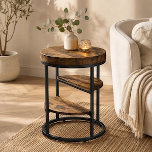 Modern Rustic Side Table with Storage Shelves | Industrial Round End Table | Small Space Accent Table | Sofa Side Table | Bedside Table