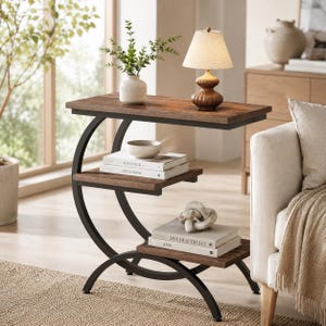 Modern Narrow End Table with Storage Shelves - Rustic Wood & Metal Side Table - Slim Sofa Table for Small Spaces