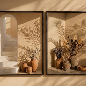 Conjunto de láminas decorativas mediterráneas para pared, estilo galería en tonos beige neutros, con motivos de olivos y cerámica, decoración rústica costera, descarga digital.