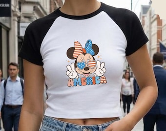 Patriotic Minnie Mouse Shirt, Fourth of July Disney Inspired Tee, America Cartoon Graphic Baby Tee, USA Independence Day Top