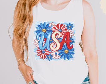 Comfort Colors® USA Floral Tank Top, Patriotic Flower Shirt, Fourth Of July Tank, Red White Blue Summer Outfit For Women