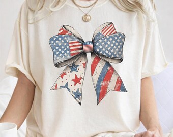 Comfort Colors® USA Flag Bow Shirt, Coquette Patriotic Tee, Red White Blue Independence Day Graphic Top