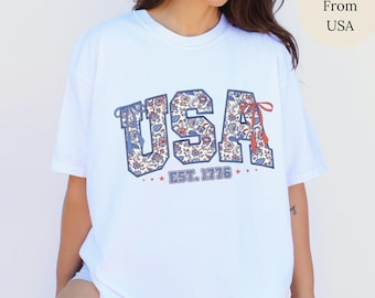 Camiseta Comfort Colors® USA 250 Years, Camiseta Retro Patriótica Floral, Camiseta Aniversario de Estados Unidos 1776-2026, Camiseta del 4 de Julio, Regalo Patriótico
