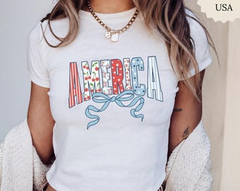 Camiseta America Coquette Baby Tee, Camiseta con lazo patriótico, Top corto del 4 de julio, Camiseta con estampado de EE. UU. para mujer