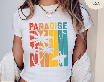 Camiseta Paradise Surf, Camiseta de playa vintage, Camiseta de vacaciones tropicales, Camiseta gráfica retro de verano, Camiseta de playa para surfistas, Regalo para amantes del océano