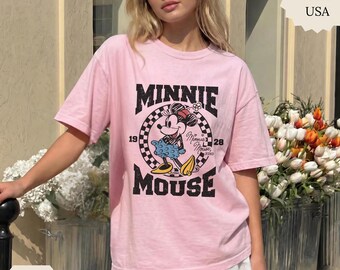 Vintage Minnie Mouse Shirt Retro Disney Graphic Tee Checkered Minnie Mouse T-shirt Disneyland Vacation Outfit Retro 1928 Disney Gift