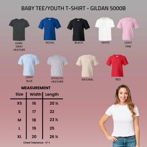 May include: A collection of Gildan 5000B youth t-shirts in dark gray heather, royal, black, white, light pink, light blue, athletic heather, natural, and red. A size chart displays widths and lengths in inches for sizes XS through XL.