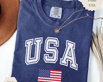 Camiseta Comfort Colors® Retro con la bandera de EE. UU., camiseta patriótica, camiseta estadounidense, rojo, azul y blanco, camiseta del 4 de julio, camiseta estadounidense 250, camiseta de EE. UU. 2026