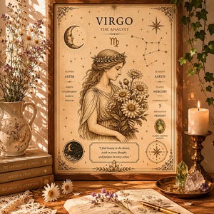 Può includere: Una stampa artistica incorniciata del segno zodiacale della Vergine. L'opera presenta un'illustrazione in stile vintage di una donna con fiori, simboli astrologici e testo. La stampa è esposta su una superficie di legno con libri, fiori e una candela.