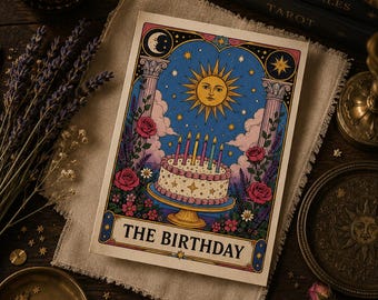Celestial Birthday Card, Tarot Style Birthday Card, Mystical Birthday Greeting Card, Vintage Tarot Birthday Art, Boho Birthday Card