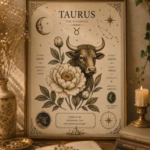 Può includere: Una stampa artistica con cornice in stile vintage del segno zodiacale del Toro. L'opera presenta un'illustrazione dettagliata di un toro, fiori di peonia ed elementi celesti. Il testo include "TAURUS", "The Steadfast" e una citazione.