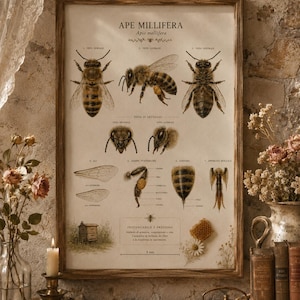 May include: A framed vintage print titled "APE MELLIFERA" with detailed illustrations of bees and their anatomy. The print features scientific diagrams, a honeycomb, and text in Italian. The print is displayed on a wooden surface.
