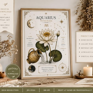 Può includere: Una stampa artistica incorniciata raffigurante il segno zodiacale dell'Acquario, con un'illustrazione dettagliata di un giglio d'acqua, una brocca e elementi celesti. La stampa include il testo "Aquarius Water Bearer". L'opera è in toni neutri.