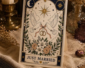 Carte de mariage céleste, Carte de vœux « Jeunes mariés », Carte de mariage style tarot, Carte de félicitations de mariage romantique, Illustration de mariage