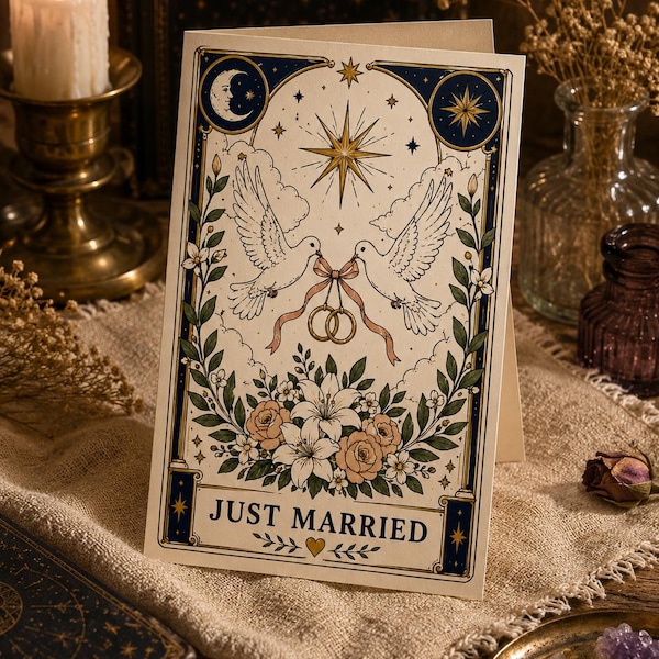 Hemelse trouwkaart, pasgetrouwden-wenskaart, trouwkaart in tarotstijl, romantische felicitatiekaart voor het huwelijk, trouwkunst