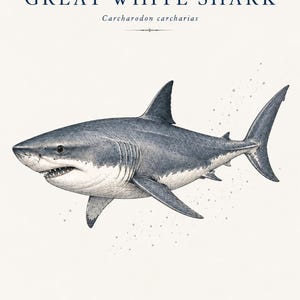 Può includere: Un'illustrazione scientifica di un grande squalo bianco, Carcharodon carcharias, su sfondo color crema. Lo squalo è raffigurato in tonalità di grigio e bianco con branchie e pinne visibili. Il testo recita GREAT WHITE SHARK, OCEAN TREASURES e N° 13.
