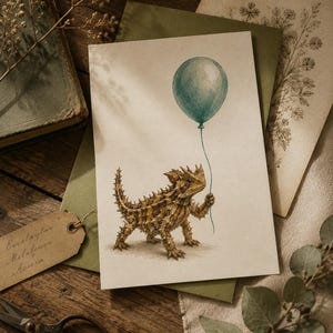 Peut inclure: Illustration à l'aquarelle d'un lézard diable cornu tenant un ballon bleu sarcelle. Le lézard est brun et beige avec des écailles épineuses. La carte est sur une surface en bois avec des éléments d'époque.