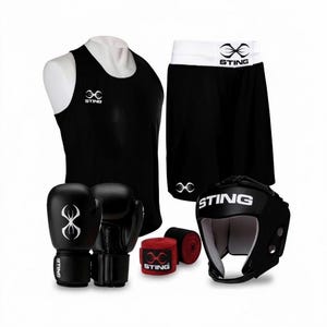 May include: A black boxing set featuring a tank top, shorts, gloves, headgear, and hand wraps. The set includes the brand name "STING" and a stylized logo in white. The boxing gloves and headgear are black.