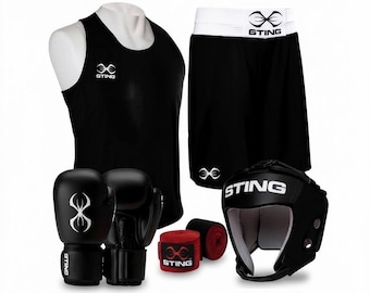 Conjunto de boxeo Sting. Equipamiento de boxeo personalizado para combates profesionales. Kit de boxeo para adultos y niños (todas las tallas). El mejor regalo de boxeo personalizado.