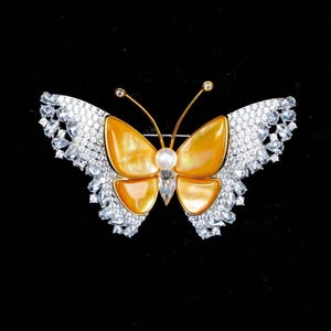 May include: A butterfly-shaped brooch featuring four smooth, amber-coloured shell wings, a central white pearl, and a clear teardrop-shaped stone. The outer edges of the wings are encrusted with numerous small, clear, sparkling crystals.