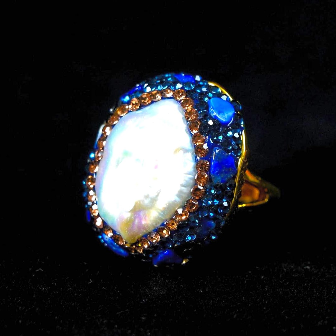 Lapis Lazuli Baroque Pearl Ring Deep Blue Cocktail Jewelry | Oval