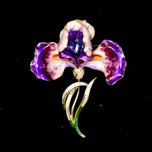Puede incluir: Un broche con forma de flor de iris con pétalos de esmalte blanco y morado, una piedra central facetada de color morado oscuro y un tallo dorado acentuado con pequeños cristales transparentes y detalles de esmalte verde en la hoja.