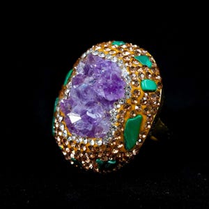 Raw Amethyst Malachite Druzy Ring | Gold Statement Crystal Boho Jewelry, Champagne CZ