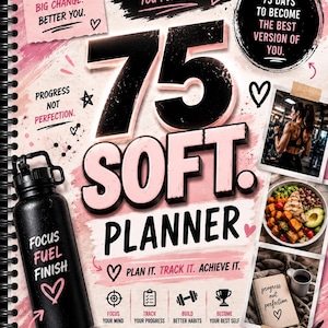 May include: A pink and black Soft Planner with the text "75" in large numbers. The planner includes motivational phrases like "Discipline Today, Freedom Tomorrow" and "Just Consistent." A black water bottle is on the left with the words "Focus Fuel Finish."