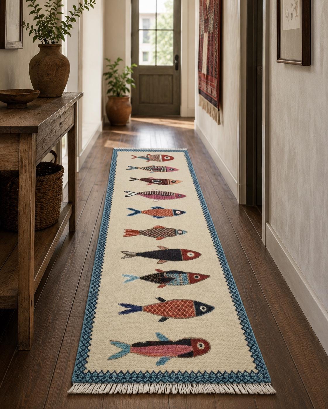 Hand Knotted Fish Runner Rug.