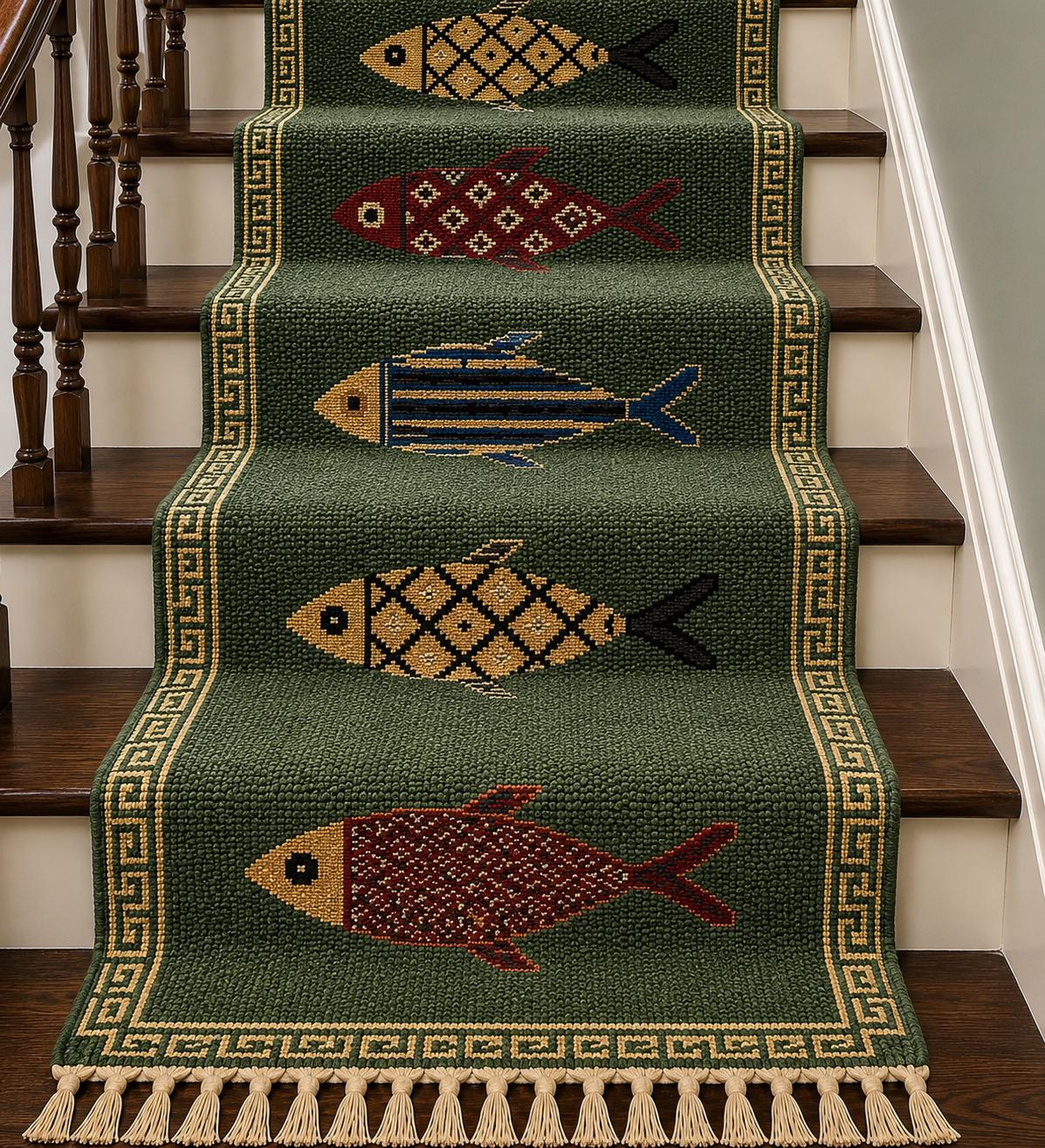 Hand Knotted Fish Stair Runner Rug.