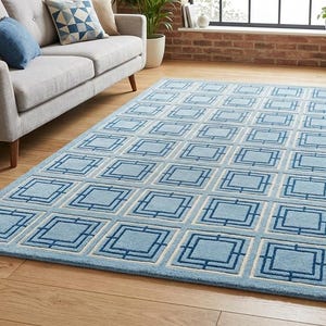 May include: A rectangular area rug featuring a repeating geometric pattern of dark blue squares with internal lines set against a light blue background, framed by white borders. The rug has a low pile texture and covers a wooden floor surface.