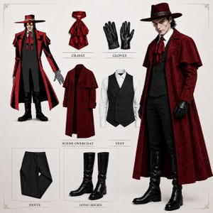 May include: A costume set including a dark red suede overcoat with a capelet, a black double-breasted vest, a white button-down shirt, black trousers, a red cravat, black gloves, a wide-brimmed red hat, and black knee-high boots. The items are labeled.
