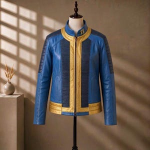 May include: A blue and gold jacket featuring a stand-up collar with the number 33 embroidered in gold. The jacket has a central gold zipper, vertical textured panels on the chest, and ribbed detailing on the shoulders and sleeves.
