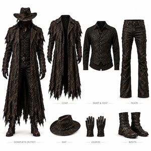 Puede incluir: Un conjunto marrón oscuro desgastado que consta de un abrigo largo deshilachado, camisa, chaleco, pantalones texturizados, sombrero de ala ancha, guantes de cuero y botas con hebillas. El set incluye una vista del conjunto completo y de las piezas.