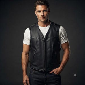 Chaleco de motociclista de cuero negro para hombre, chaleco motero con ribete trenzado y correas ajustables con hebilla, listo para parches personalizados, regalo ideal para él.