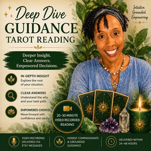 May include: An advertisement for a tarot reading service. The image features a smiling woman holding tarot cards, with text overlayed that reads "Deep Dive Guidance Tarot Reading." Additional elements include crystals, a lit candle, and text describing the service.