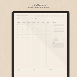 May include: A digital planner with the text "The Weekly Method" and "Eight Reusable Weekly Spreads." The planner features a weekly layout with sections for each day, top priorities, habits, and notes. The design is minimalist with a neutral color palette.