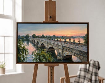 Marathon Runners Stone Bridge at Dawn Oil Painting | Sports Running Wall Art | Handmade Custom Canvas