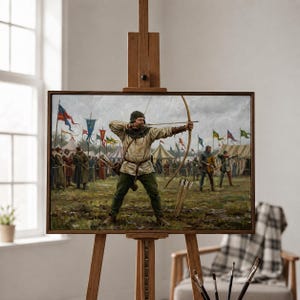 May include: An oil painting on canvas depicting a medieval archer in a beige tunic and green trousers aiming a wooden bow. The scene features a muddy encampment with colorful flags, tents, and other figures in the background under a cloudy sky.