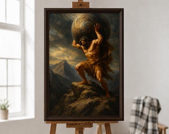 Obraz olejny „Atlas trzymający niebo” | Sztuka ścienna z motywem mitologii greckiej | Ręcznie wykonany obraz na płótnie na zamówienie