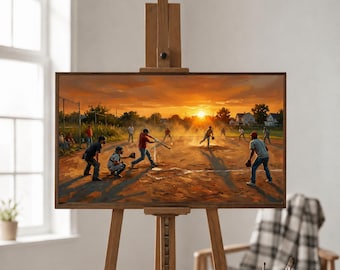 Baseball Sandlot Sunset Oil Painting | Custom Sports Wall Art | Handmade Canvas Framed or Rolled