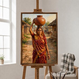 Pode incluir: Uma pintura a óleo sobre tela retratando uma pessoa vestindo um sari com padrões vermelhos e amarelos, carregando um grande pote de barro marrom na cabeça. A cena mostra um caminho de aldeia rural com cabanas e uma vaca ao fundo.