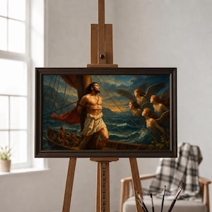 Puede incluir: Un óleo enmarcado sobre un caballete de madera que representa a una figura musculosa atada al mástil de un barco, mirando hacia arriba a seres alados que vuelan sobre un mar azul turbulento, bajo una luz dorada y nubes oscuras.