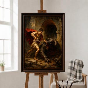 May include: A framed oil painting depicting a muscular figure in a red cape wielding a sword against a large, dark, horned beast within a stone archway. The artwork features dramatic lighting, earthy tones, and a dark brown wooden frame.