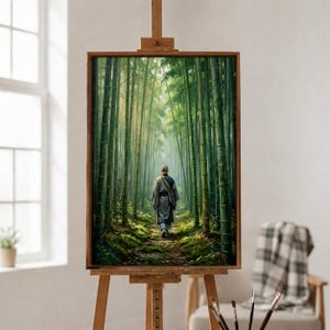 Puede incluir: Un cuadro rectangular enmarcado sobre un caballete de madera que muestra a una persona con una túnica gris caminando por un sendero en un denso bosque de bambú verde. La escena presenta tallos verticales, luz solar y suelo cubierto de musgo.