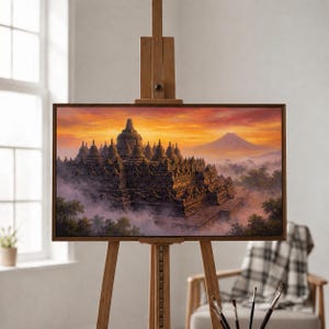 Könnte beinhalten: Ein rechteckiger Leinwanddruck auf einer Holzstaffelei, der ein detailliertes Gemälde des Borobudur-Tempelkomplexes bei Sonnenaufgang zeigt. Die Szene stellt steinerne Stupas inmitten nebliger Bäume unter einem orangefarbenen Himmel dar.