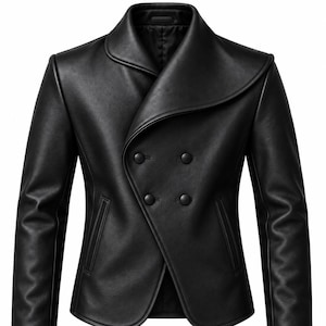 Black Leather Trench Coat, Double-Breasted Shawl Collar, Vintage Winter Jacket